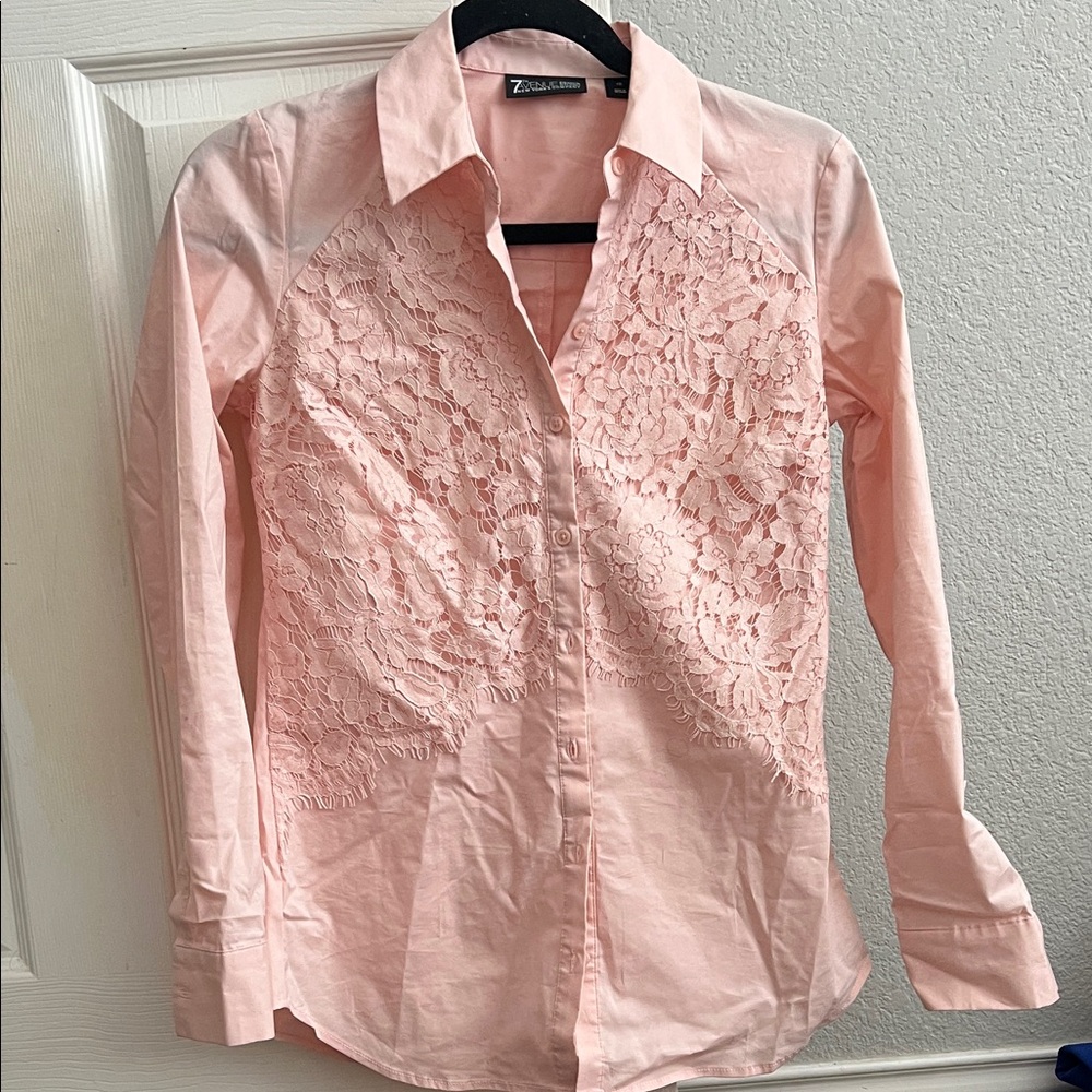 New York & Company Pink Lace Button Down Shirt